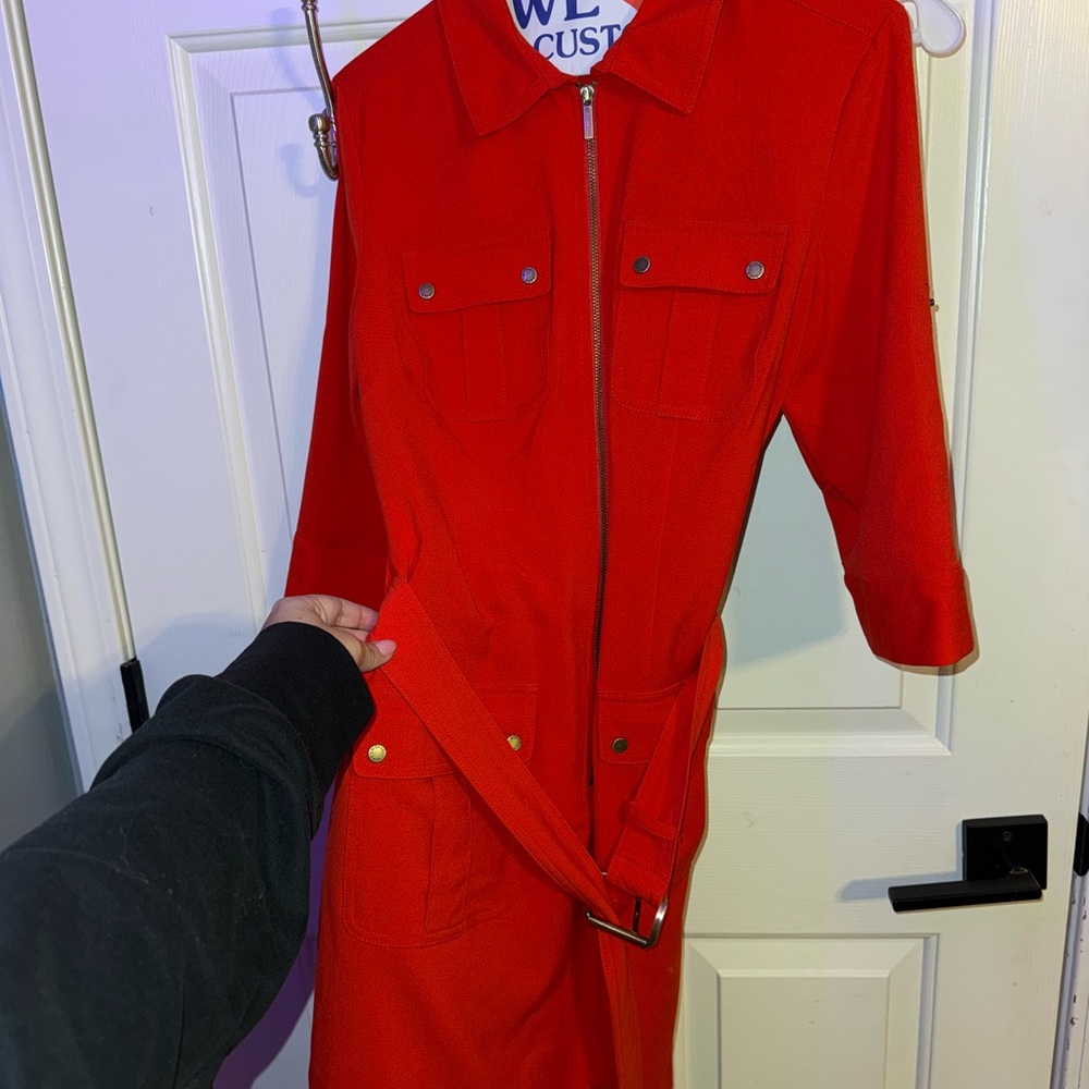 Red Zip-Up Dress with Belt